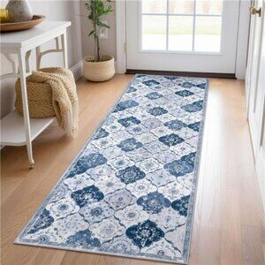 Moroccan Runner Rug 2x6 Washable Non Slip Blue Grey Boho Hallway Kitchen Mat